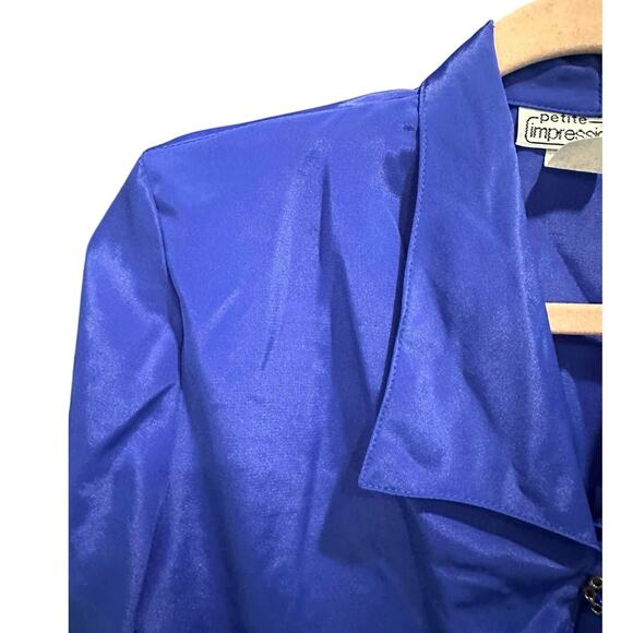 Vintage Cobalt Blue Satin Blouse Rhinestone Buttons Timeless Effortless Elegance - Picture 5 of 9